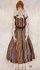 Striped Canvas Paintings - Portrait of Edith Schiele in a Striped Dress